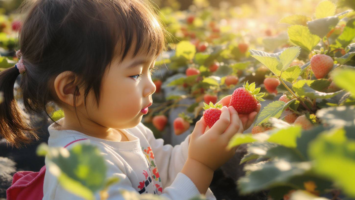 いただきファームおごおりでいちご狩りをする子供